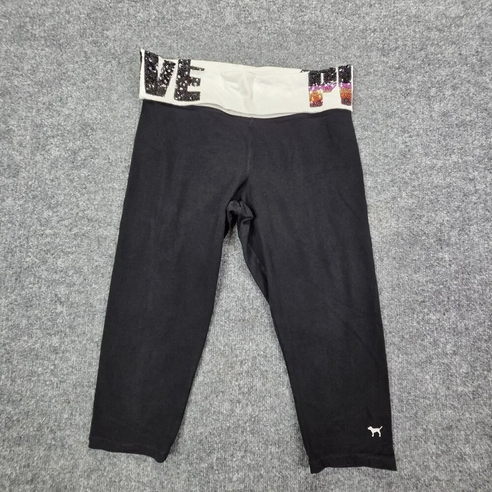Victoria Secret PINK LOVE Black Yoga Cropped Fold Over Pants Sequins Large‎ Y2k